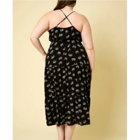 GILLI  Plus Size Sleeveless Tiered Elephant Print Midi Dress SKU# XAD2156-4-black-white-animal-6